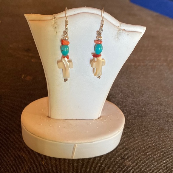 Santa Domingo mother of pearl cross, turquoise nugget, coral earrings - Picture 1 of 5